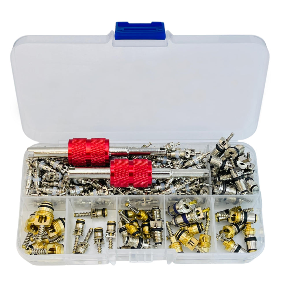 VOTNMIC 134pcs car AC valve core kit with universal R12/R134a compatibility.