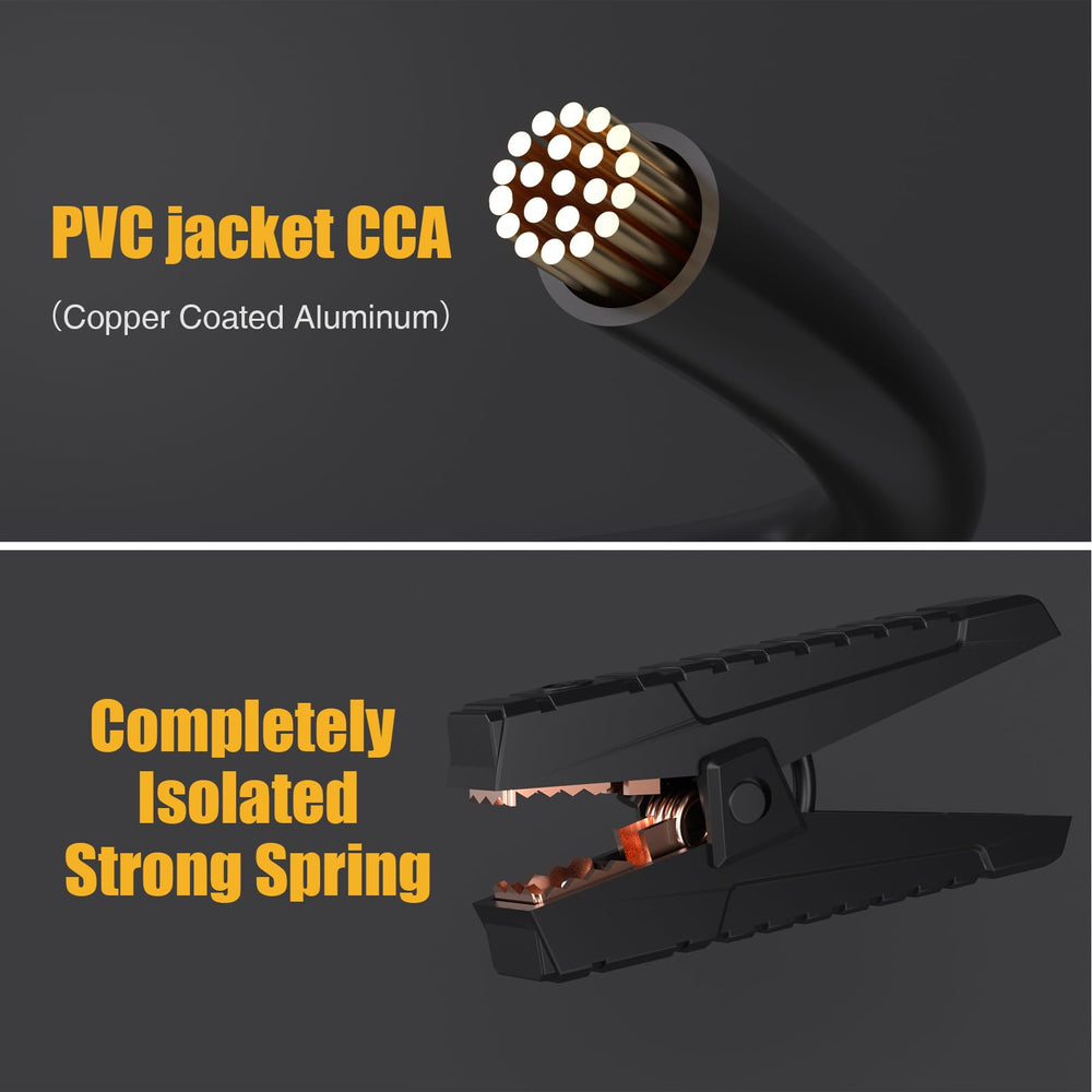 VTOMAN jumper cable safety protections chart highlighting spark proof and polarity safeguards