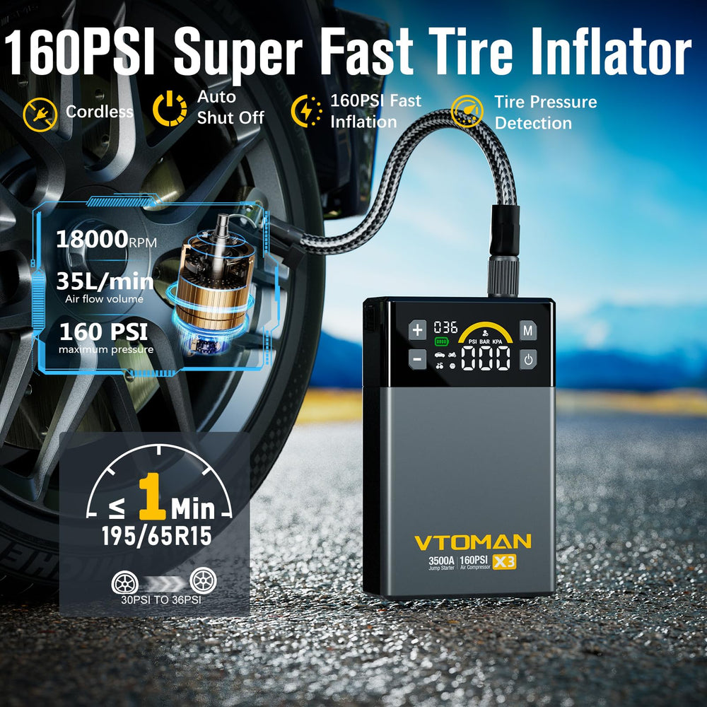 VTOMAN X3 160 PSI tire inflator inflates quickly