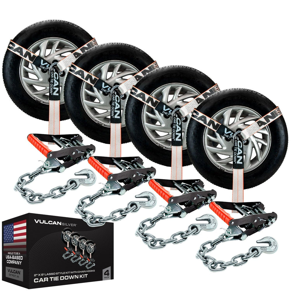 VULCAN Silver Series tie-down with chain anchors for secure transport.