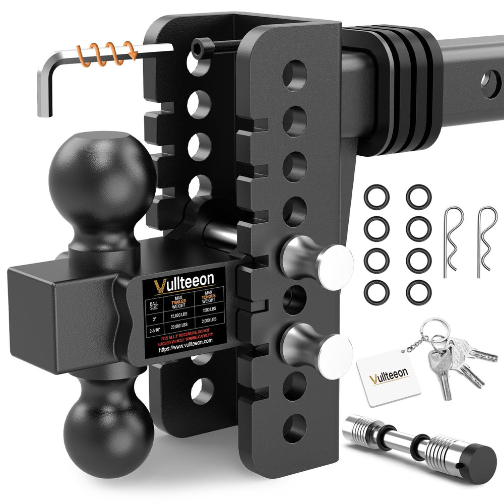Vullteeon 6 inch drop rise trailer hitch showing adjustable height for level towing