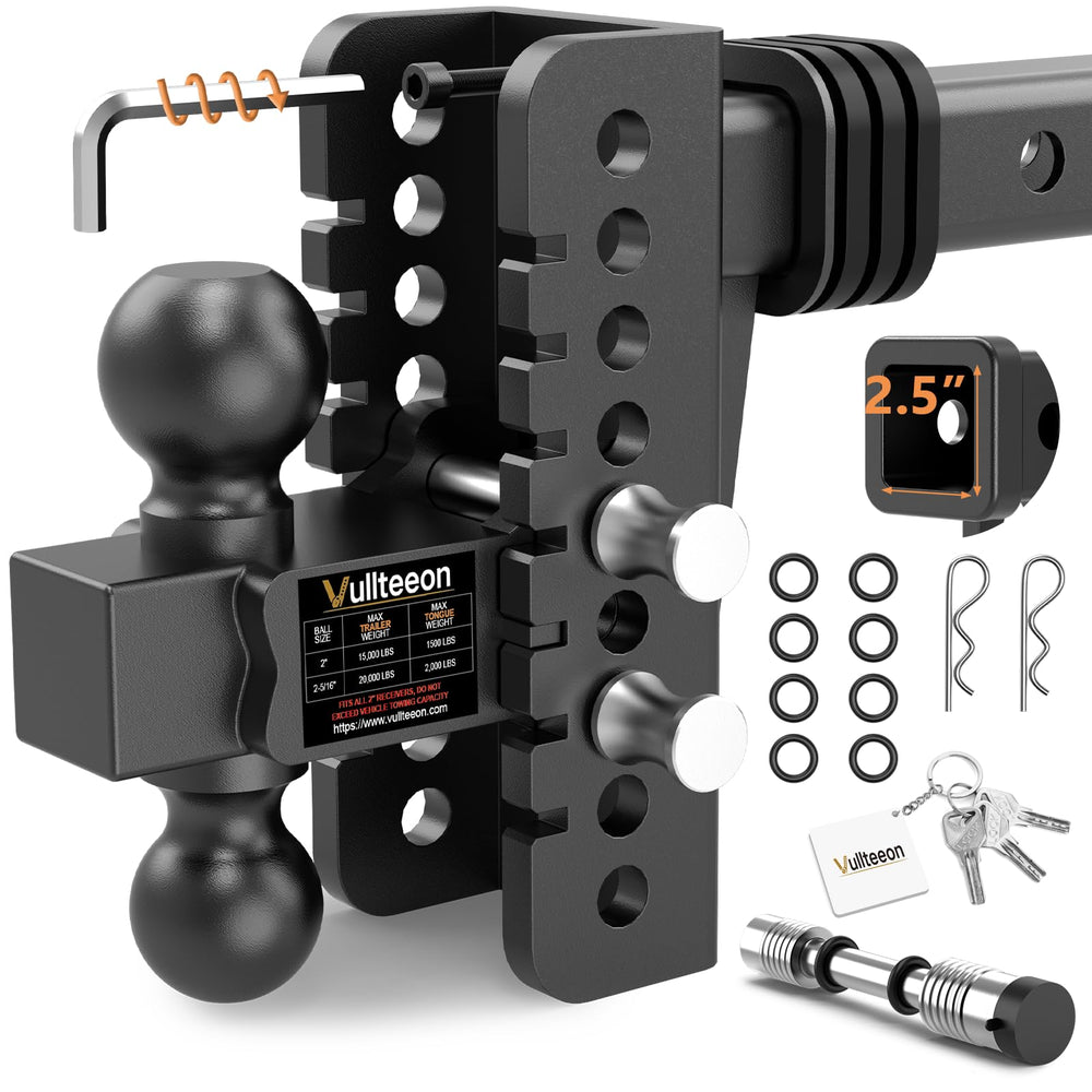 Vullteeon adjustable trailer hitch demonstrates slot-fit height adjustment for easy leveling.