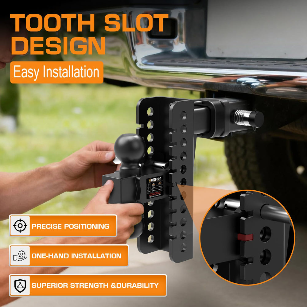 Vullteeon hitch with noise-reduction pads reduces rattling and sway.