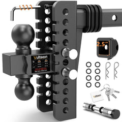 Vullteeon slot-fit hitch showing 8-inch rise and drop for precise leveling.