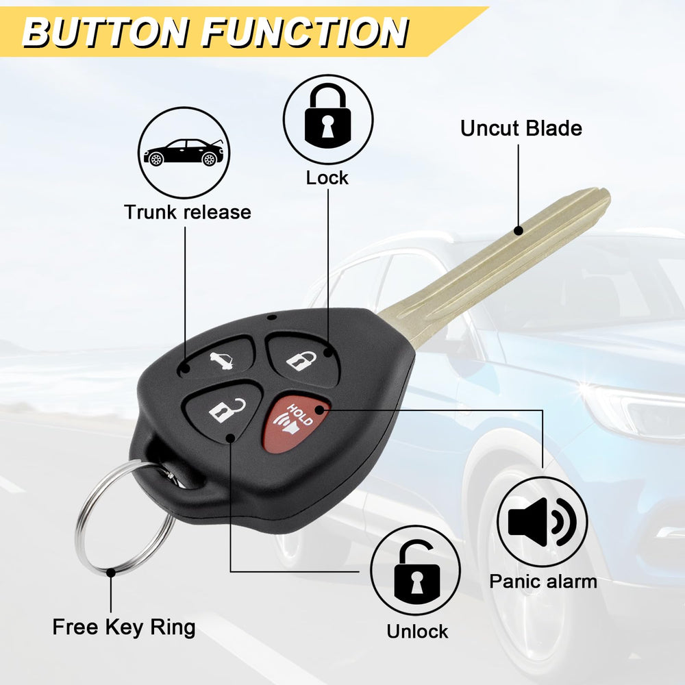 Vurkcy Camry four-button remote highlighting lock, unlock, trunk, and panic.