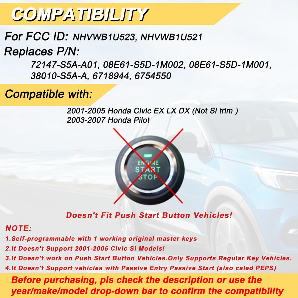 Vurkcy keyless remote for Honda Civic EX/LX/DX 2001-2005, reliable access