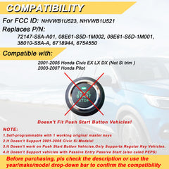 Vurkcy keyless remote for Honda Civic EX/LX/DX 2001-2005, reliable access