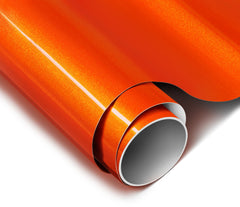 VViViD ColorFusion gloss flame orange film on car panel showcasing vibrant color retention.