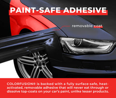 VViViD ColorFusion PPF adhesive backing shown as safe, removable, top-coat friendly