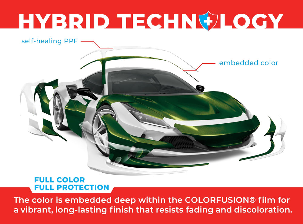 VViViD ColorFusion PPF gloss urban green wrap on a car side for aesthetics and protection.