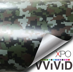 VViViD digital camouflage wrap applied to a vehicle for rugged, weatherproof protection.