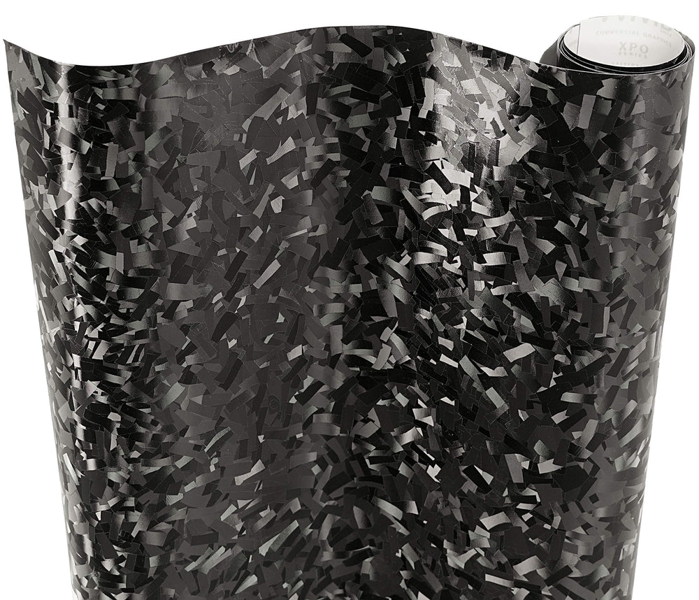 VViViD forged composite carbon patternless wrap roll in black enhances automotive aesthetics.
