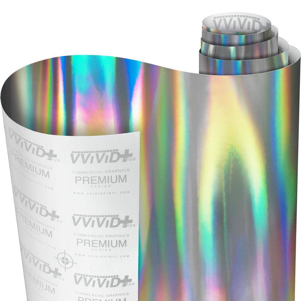 VVivid silver holographic chrome wrap roll for standout vehicle branding and surfaces