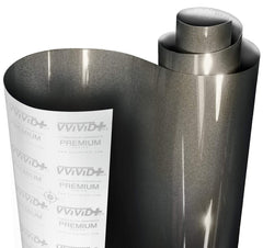 VViViD Ultra Gloss Candy Charcoal Grey roll close-up showing mirror-like finish.