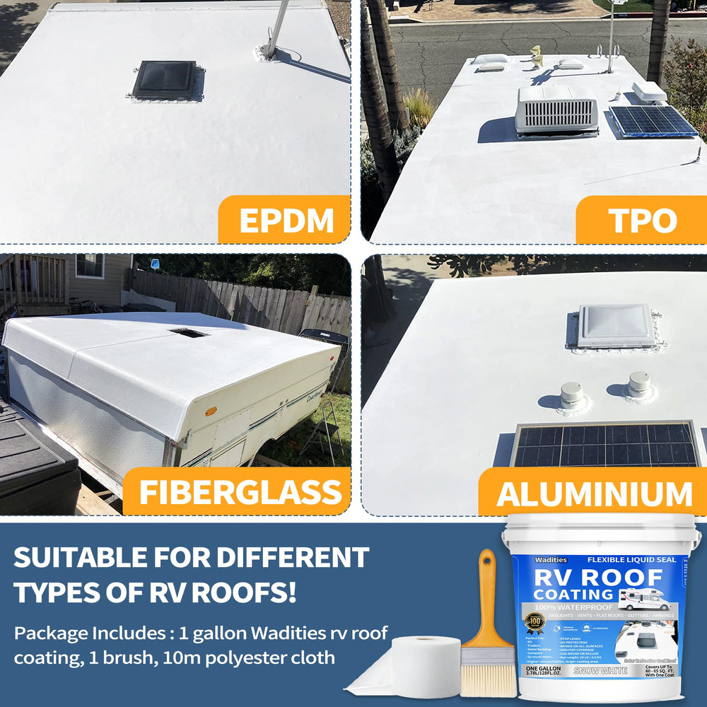 Wadities RV roof coating white application with roller for even membrane build