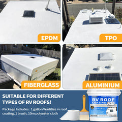 Wadities RV roof coating white application with roller for even membrane build