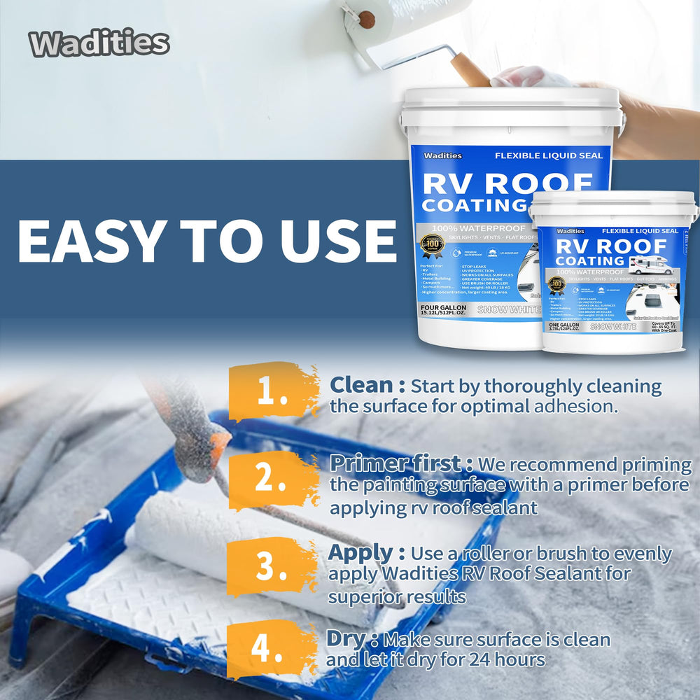 Wadities RV roof coating white ready surface showing thick waterproof membrane