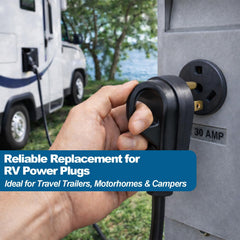 Ergonomic RV plug design supporting safe, stable connections with 30A circuits.