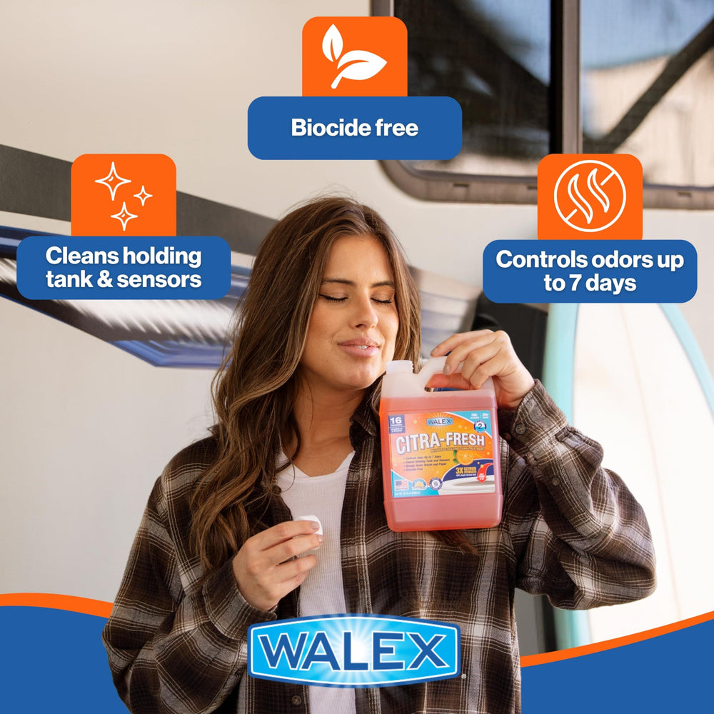 Citrus scent benefits of Walex Citra-Fresh for RV and boat use.