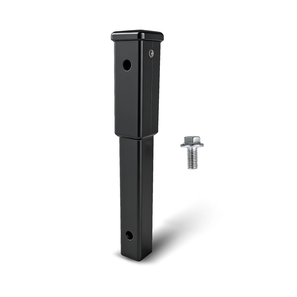 Waltyotur 12 inch hitch extension attached to a 2 inch receiver for extended cargo reach