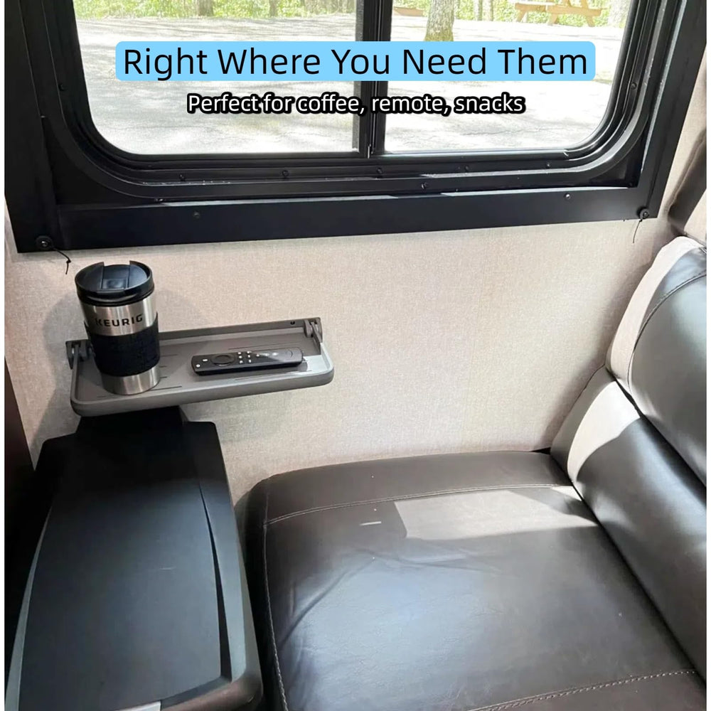 WanDwel RV foldable shelf extended for quick access to essentials.