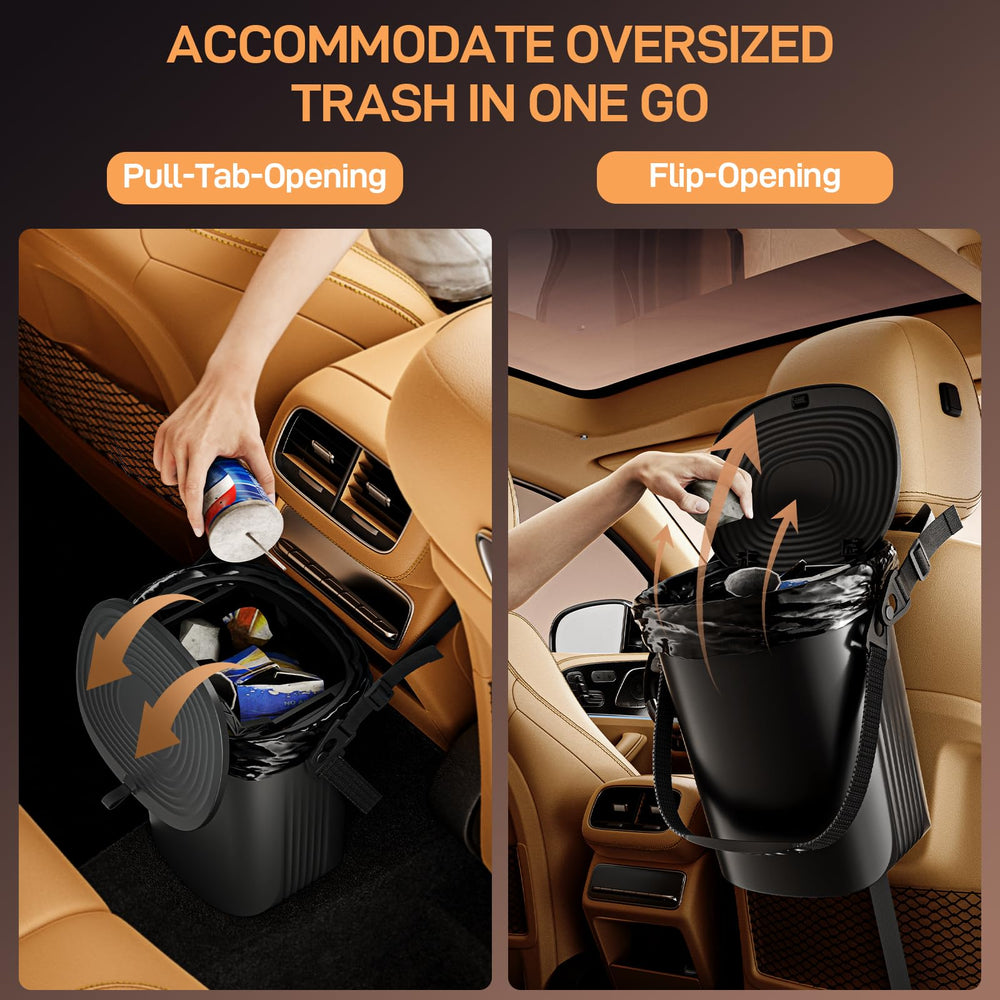 Waretary flip-opening lid option for quick waste management in car.