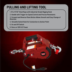 WARN PullzAll corded winch with swiveling hook for secure load handling.