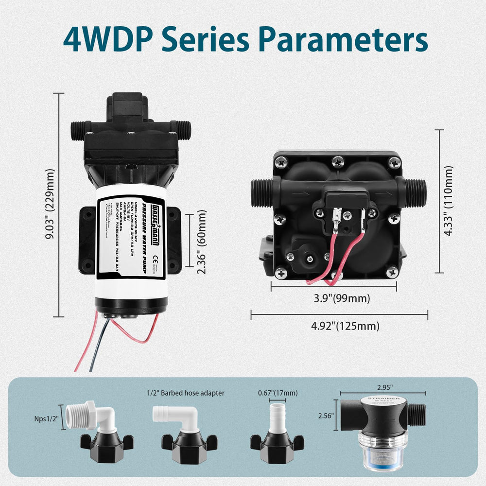 Wassermann 5 GPM pump delivering steady pressure for showers.