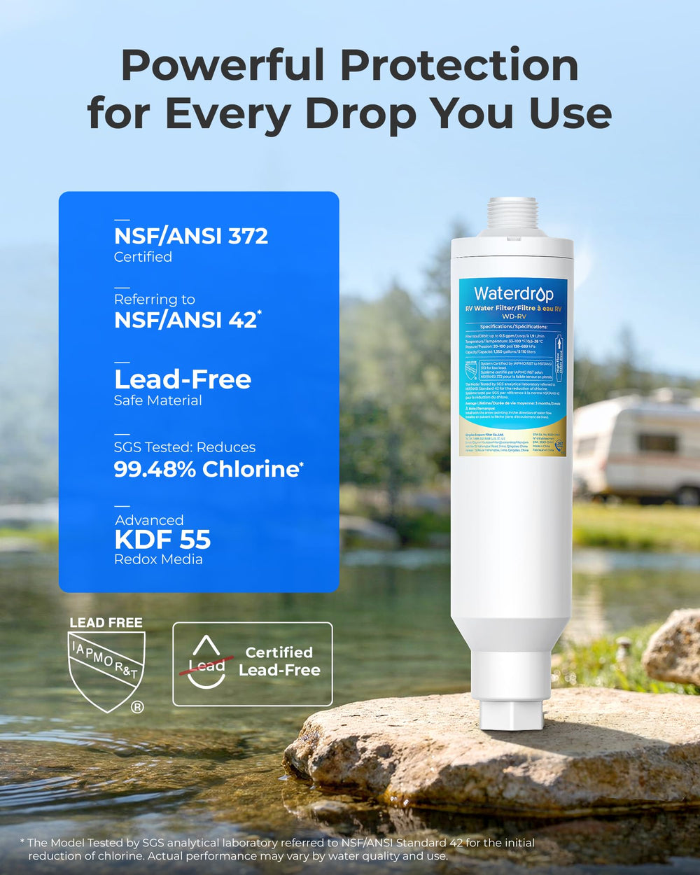 Waterdrop inline filter minimizes bad taste and odor during outdoor adventures.