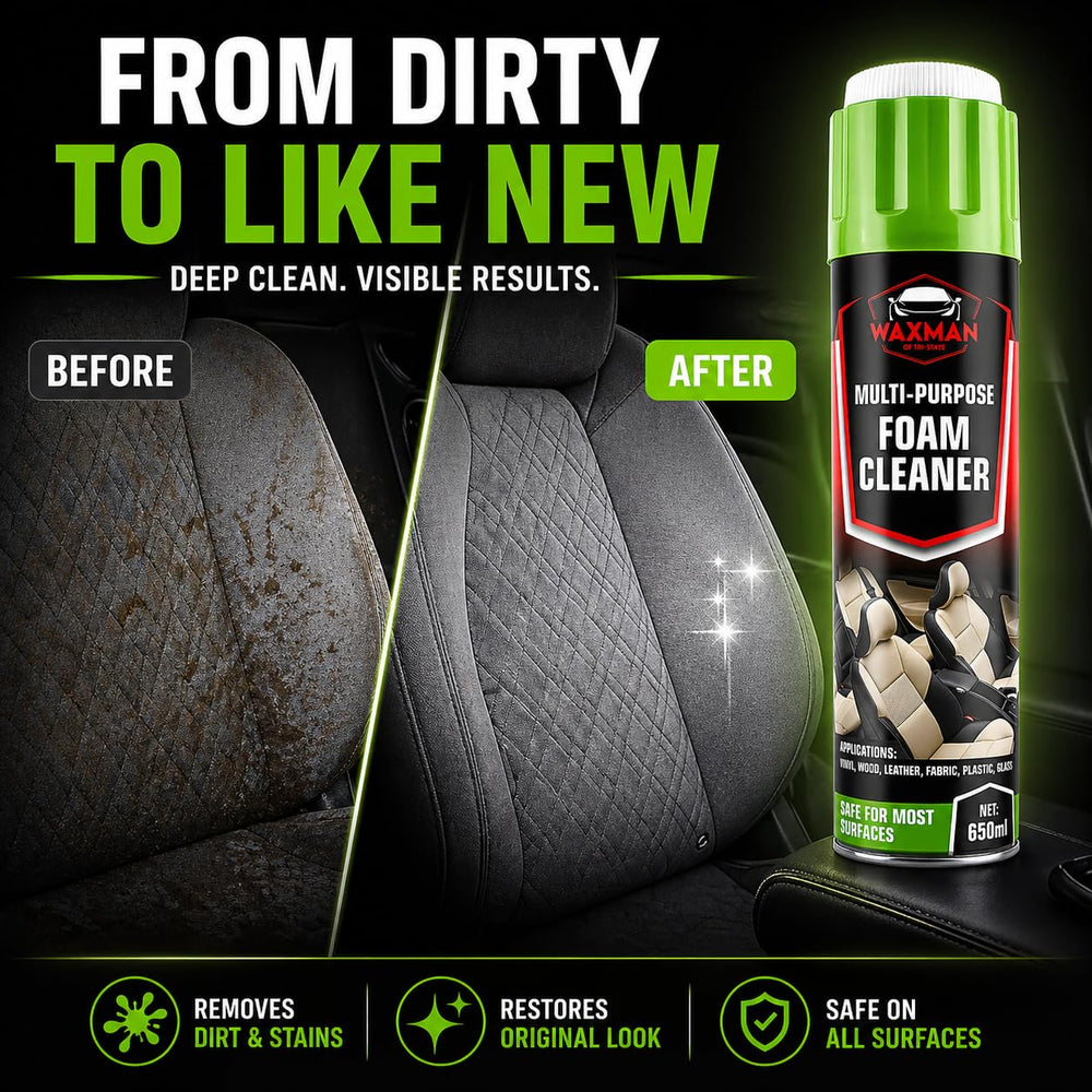 Waxman Tri State easy-application-steps-foam-cleaner describes simple 10–15 second wait and wipe.