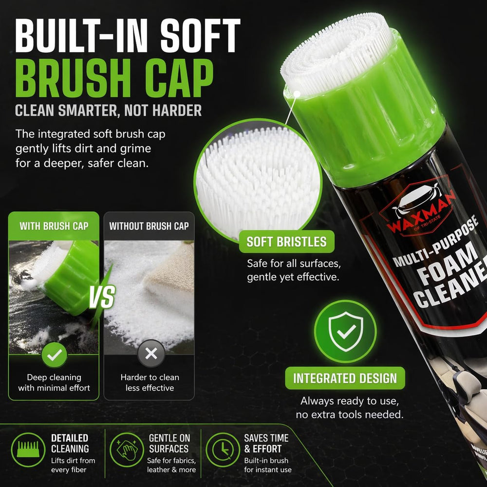 Waxman Tri State fabric-plastic-cleaning-foam supports quick wipe-downs on dashboards.