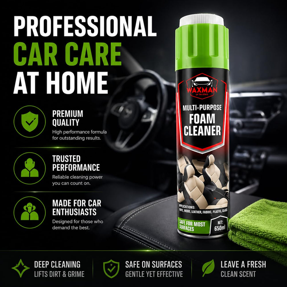 Waxman Tri State dirt-lift-action foam shows deep cleaning for fabrics and upholstery.
