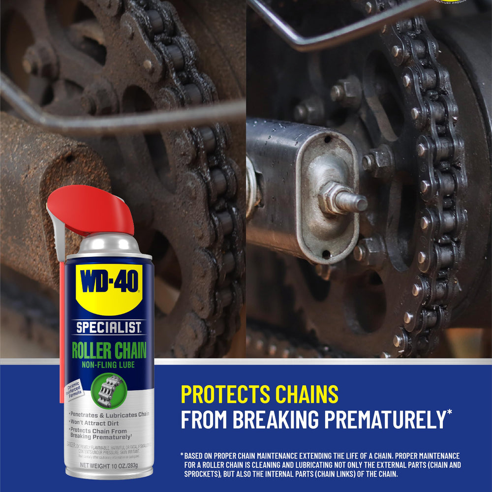 WD-40 Specialist roller chain non-fling spray being applied evenly to a chain.