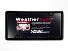 WeatherTech ClearCover lens closeup showing durable acrylic protection for a license plate