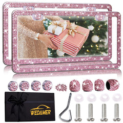 WEDAMER pink bling license plate frame close-up showing rhinestones for curb appeal.