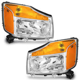 WEELMOTO Nissan Titan headlight assembly with chrome bezel enhances nighttime visibility.