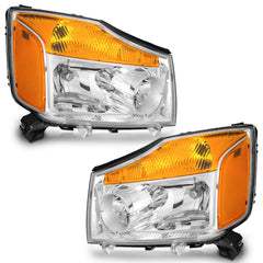 WEELMOTO Nissan Titan headlight assembly with chrome bezel enhances nighttime visibility.