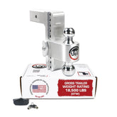 Weigh Safe 180-degree hitch with chrome ball showing 8-inch drop for precise trailer leveling