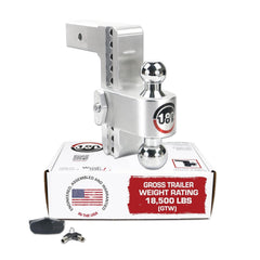 Weigh Safe 180-degree hitch with chrome ball showing 8-inch drop for precise trailer leveling