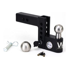 Weigh Safe Aero Hitch 4-inch drop close-up with clear weight readout for balanced towing
