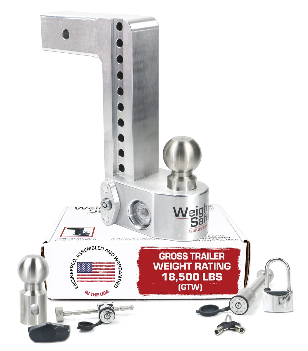 Weigh Safe aluminum adjustable trailer hitch with 10-inch drop for precise towing alignment.