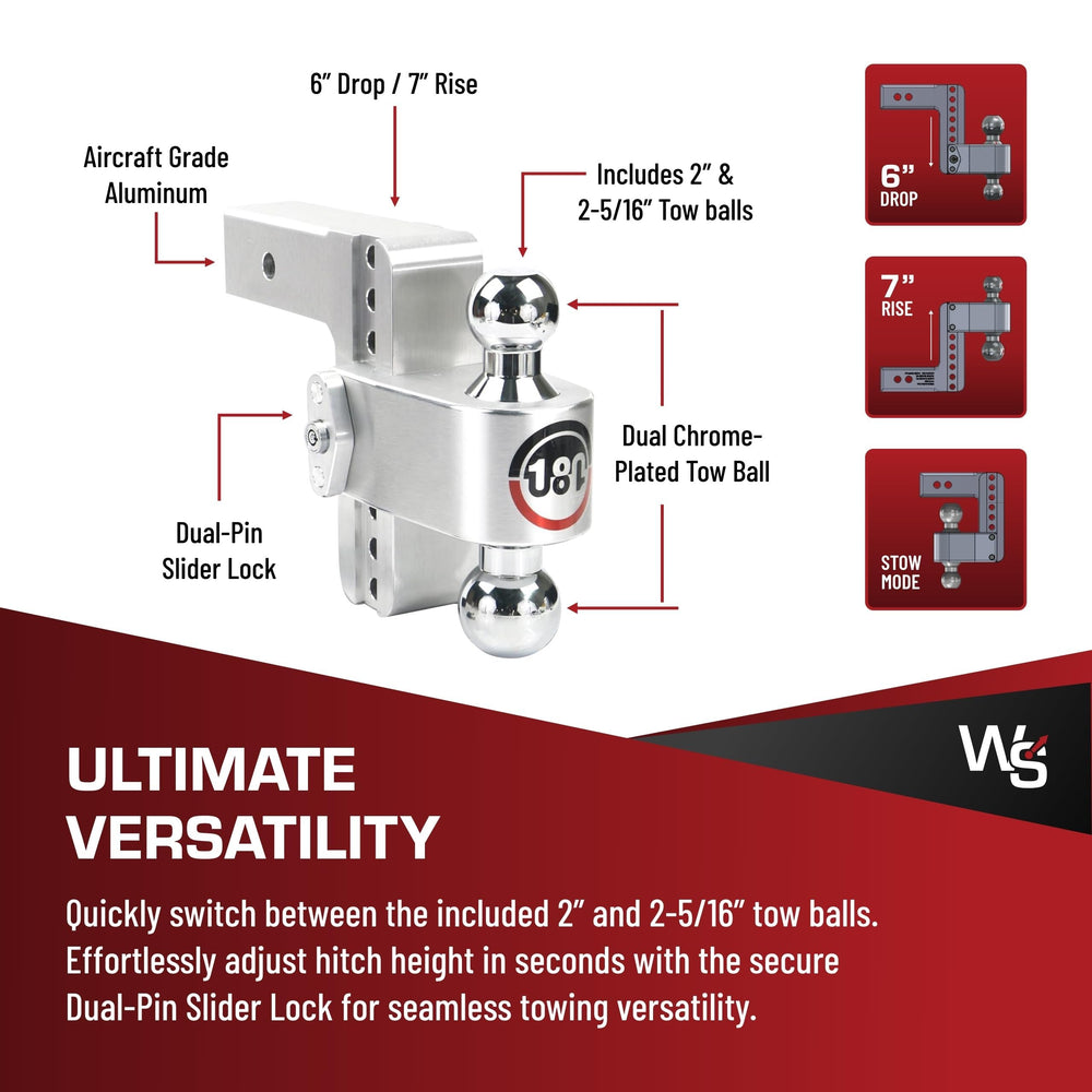 Weigh Safe 6in drop hitch with 1-inch increments for precise height adjustments.