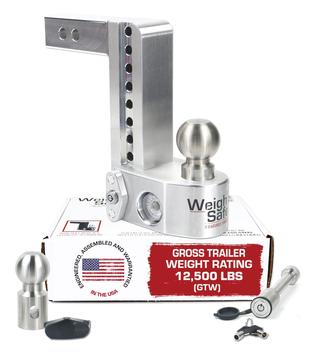Weigh Safe 8inch drop hitch ball mount in a 2in receiver for precise height adjustment.