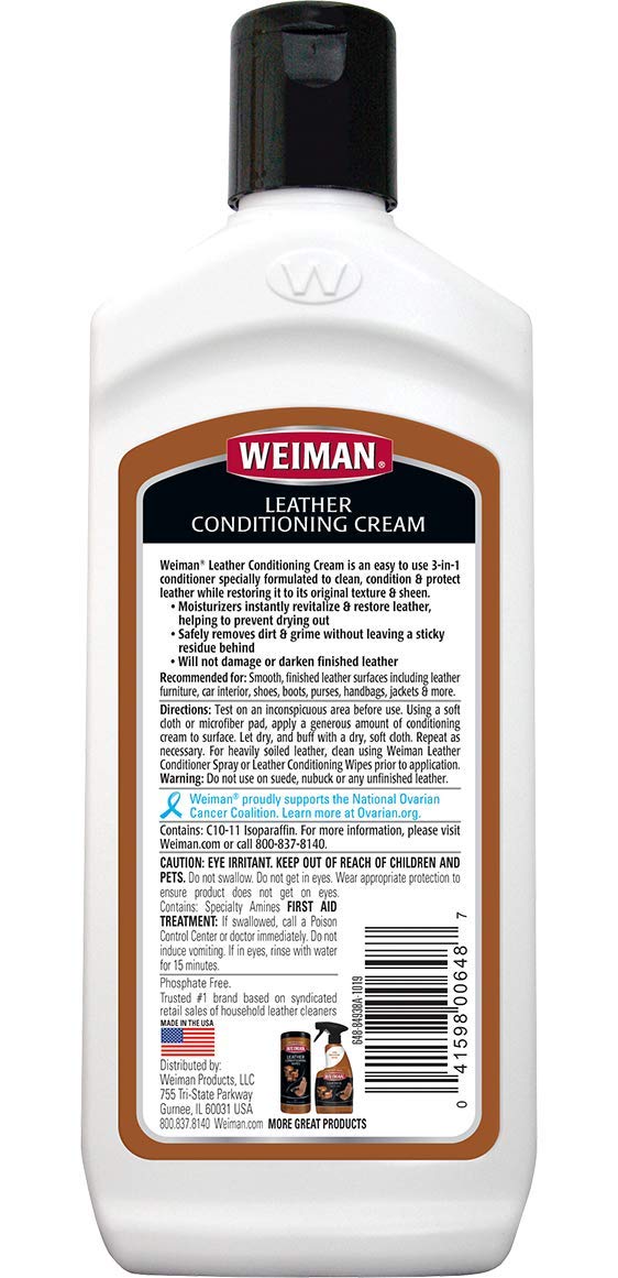 Weiman 3-in-1 Deep Leather Cleaner Cream label closeup highlighting trusted leather care