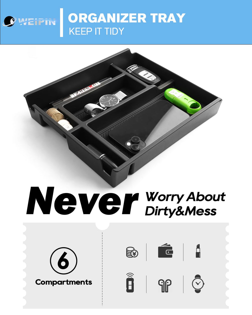 WEIPIN non-slip rubber mats prevent movement while driving and searching for small items.