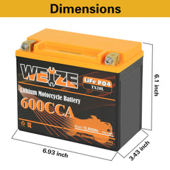 WEIZE YTX20L-BS battery side view showing terminal layout for replacement