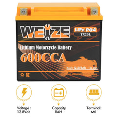 WEIZE YTX20L-BS label highlights 600 CCA for reliable cold starts