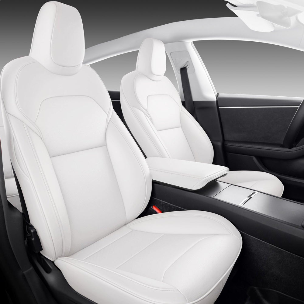 WeKAR front seat covers for Model Y Juniper white, driver-side protection with OEM-like fit