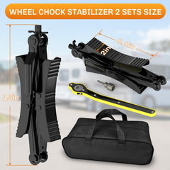 Welluck chocks installed on camper demonstrate quick, stable parking on uneven ground