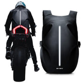 WEPLAN motorcycle backpack with helmet pocket for secure on-ride storage.